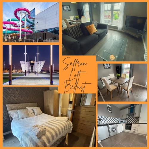 a collage of pictures of a bedroom and a house at Saffron Loft, Belfast in Belfast