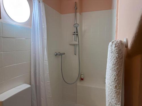 Un baño con ducha con cortina de ducha. en maison milabee, en Altenkunstadt