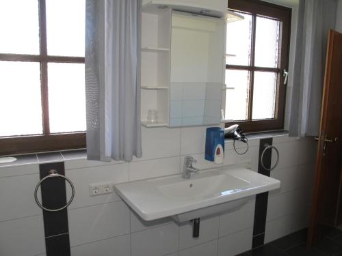 W łazience znajduje się biała umywalka i lustro. w obiekcie Onkel Tom`s Hütte w Getyndze