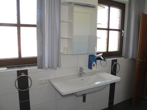 a bathroom with a white sink and a mirror at Onkel Tom`s Hütte in Göttingen