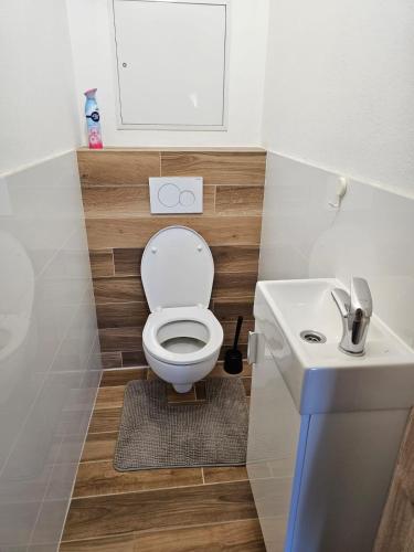 a small bathroom with a toilet and a sink at Soblahov apartment in Soblahov