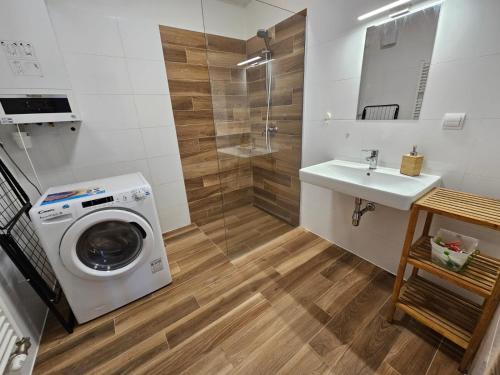 a bathroom with a washing machine and a sink at Soblahov apartment in Soblahov