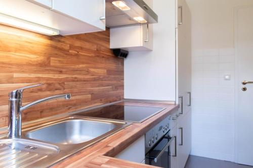 a kitchen with a sink and a wooden wall at Ferienwohnung Sunrise 54° - Timmendorfer Strand in Timmendorfer Strand