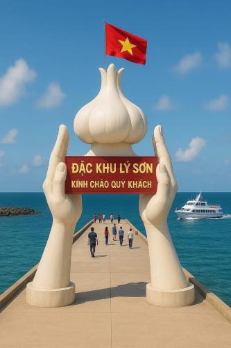 a statue of two hands holding up a sign on a beach at KHÁCH SẠN GIA THỊNH LÝ SƠN in Ly Son