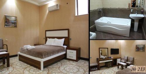 three pictures of a hotel room with a bed and a bath tub at Manor Luxury Hotel Baku in Baku