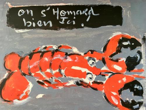 une peinture d'un homard rouge sur un tableau noir dans l'établissement Bel Appartement , proche tram place de Strasbourg accès centre ville, plages, à Brest
