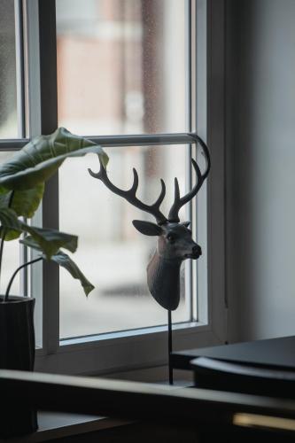 a reindeer head on a stand in front of a window at Home Hotel Uman in Umeå
