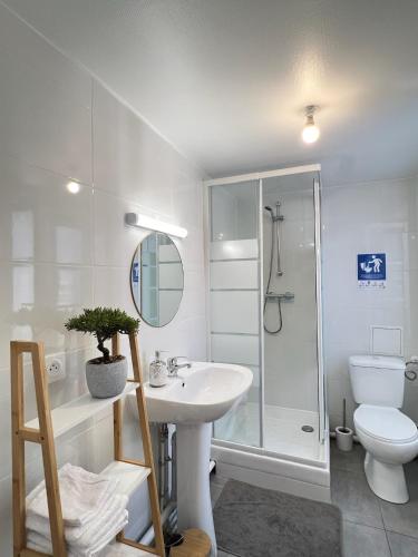 une salle de bain avec un lavabo, une douche et des toilettes dans l'établissement Studio B2 - Centre-Ville Meaux - Proche Disneyland, à Meaux