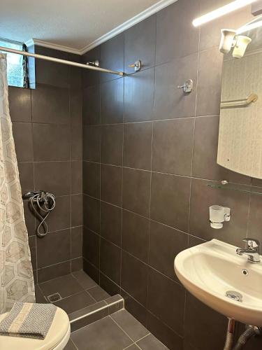 a bathroom with a shower and a toilet and a sink at EYTYXHS Studios in Palaiochora