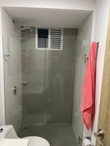 多斯克布拉达斯Apartamento cerca a Pereira的带玻璃淋浴和马桶的浴室