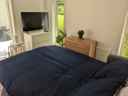 a bedroom with a blue bed and a television at Modern Cabin by Nora Lake with AC! in Nora