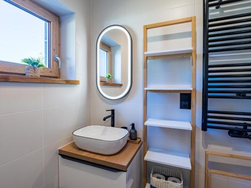a bathroom with a sink and a mirror at Pod Lasem Apartamenty in Łukęcin