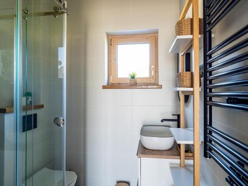 a bathroom with a toilet and a glass shower at Pod Lasem Apartamenty in Łukęcin