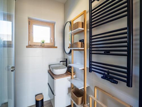a bathroom with a shower and a toilet and shelves at Pod Lasem Apartamenty in Łukęcin