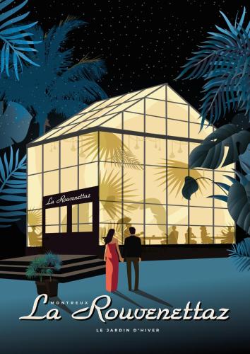 a poster of a couple standing in front of a building at Rouvenaz Appartements in Montreux