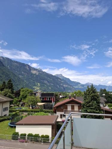 a view of a town with mountains in the background at Hotel & Restaurant Rössli in Seedorf