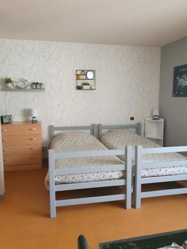 une chambre avec deux lits et une commode dans l'établissement Studio 2 lits barbotan les thermes, à Cazaubon