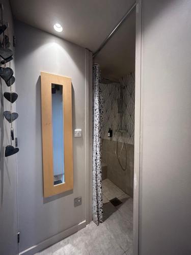 a bathroom with a mirror and a walk in shower at Central and Quirky Northern Quarter Flat, Manchester in Manchester