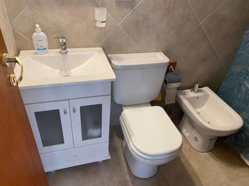 a bathroom with a white toilet and a sink at Galpón 10 in San Martín de los Andes