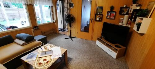 a living room with a couch and a television at Haus-Dannigkow in Dannigkow