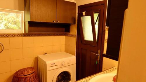 eine kleine Küche mit Waschmaschine in der Unterkunft Angela's River Paradise Cottages in Mixórrouma
