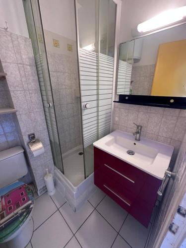 une salle de bain avec un lavabo et une douche dans l'établissement Beau Studio direct plage, au Grau-du-Roi