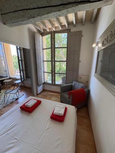 un salon avec un grand lit et un canapé dans l'établissement Appartement dans le centre historique superbe vue, à Aix-en-Provence