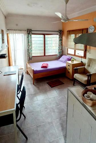 a small room with a bed and a kitchen at Busy Bee Apartments in Kololi