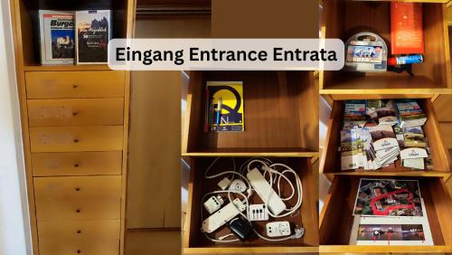 a book shelf filled with items in a room at Große Wohnung mit Garagenparkplatz in Vols am Schlern