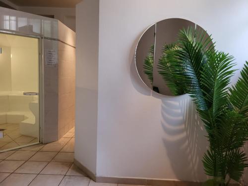La salle de bains est pourvue d'un miroir et d'une plante verte. dans l'établissement Superbe appartement plage du Midi 2 piscines 325L, à Cannes