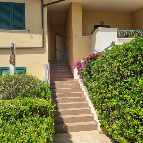 a staircase leading up to a building with purple flowers at Terrazzo A9 in Parghelia