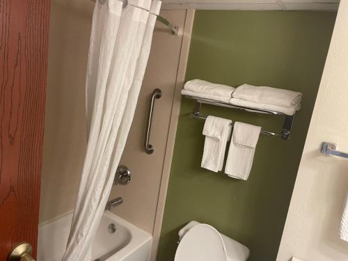 a bathroom with a shower and a toilet and towels at Sleep Inn & Suites near Sports World Blvd in Gatlinburg