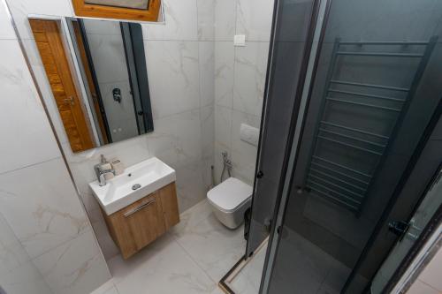 a bathroom with a toilet and a sink and a shower at Bujtina Berishta Theth in Theth