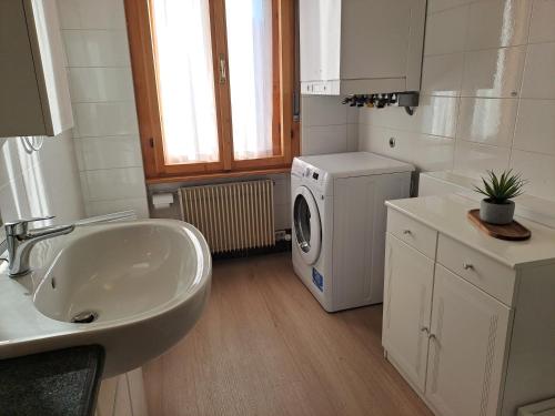 a bathroom with a sink and a washing machine at Appartamento Maurizio in Spormaggiore
