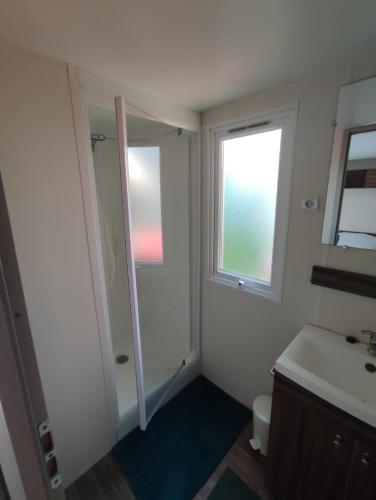une salle de bain avec toilettes, lavabo et fenêtre dans l'établissement Mobile-Home 4 personnes Camping 5*, à Saint-Georges-de-Didonne