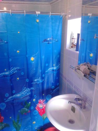 a bathroom with a blue shower curtain with fish at Happy Hostel in Kochkor in Kochkorka