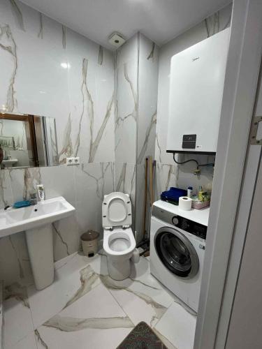 a bathroom with a toilet and a sink and a washing machine at Bamboo beach tsikhisdziri in Kobuleti