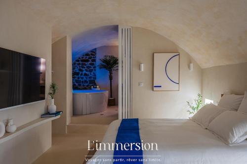 a bedroom with a large bed and a tv at Hélios, Suite Grecque & Spa in Vienne