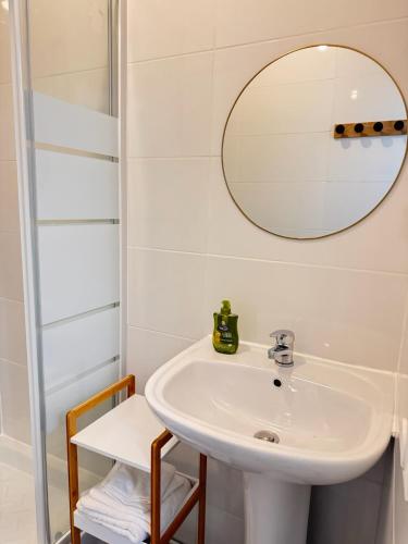 une salle de bain avec un lavabo et un miroir dans l'établissement Studio B7 - Centre-Ville Meaux - Proche Disneyland, à Meaux