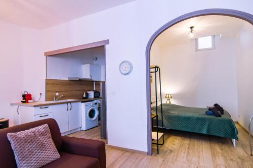 a living room with a bed and a kitchen at Bel appartement Béziers - Plain-pied - Centre - IUT in Béziers
