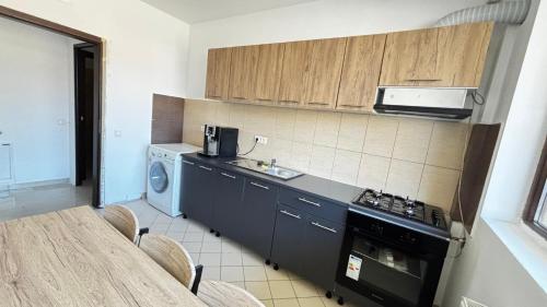 a kitchen with a stove and a washing machine at M Luxury Apartment in Timişoara