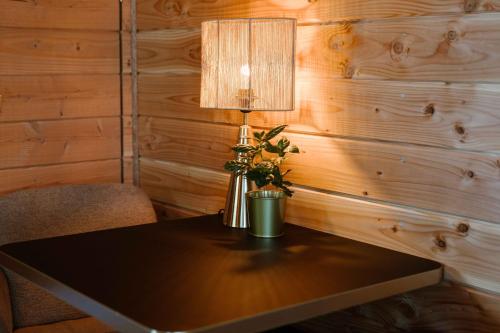 a table with a lamp and a plant on it at CRASH'NSTAY - Atrium in Hooge Vaart