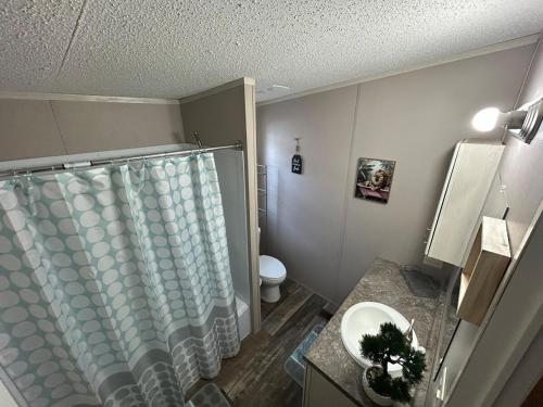 a bathroom with a shower curtain and a sink at Cozy river front lookout in Bullhead City