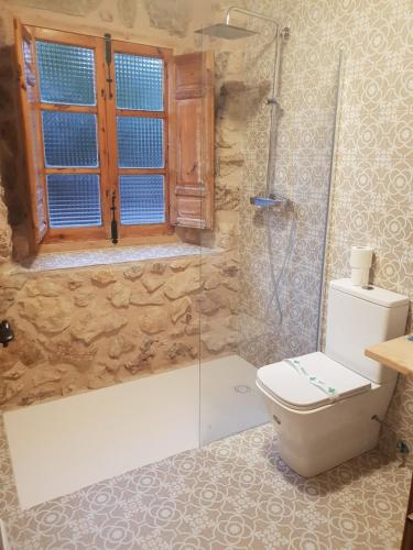 a bathroom with a toilet and a glass shower at Casa Rural Los Parrales in El Tranco
