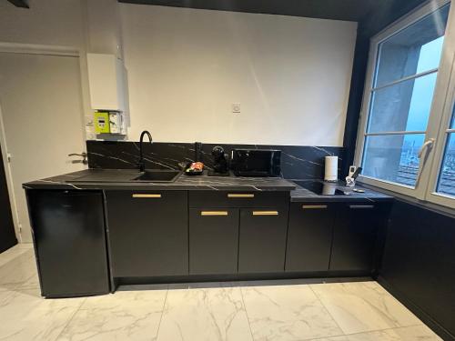 a kitchen with black cabinets and a sink at Appartement de luxe avec jacuzzi dans le centre de Macon in Mâcon