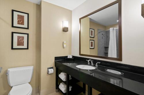 a bathroom with a toilet and a sink and a mirror at Comfort Suites Bentonville - Rogers in Bentonville