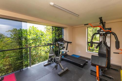 a fitness room with a gym with a window at Villa Buddha Belly OceanMountain top views in Quepos