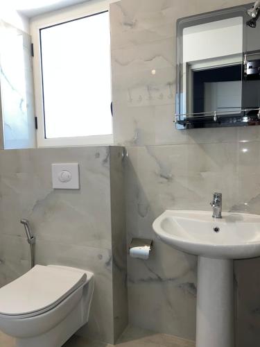 a bathroom with a sink and a toilet and a mirror at 3rd Floor Mali i Robit Apartments in Golem