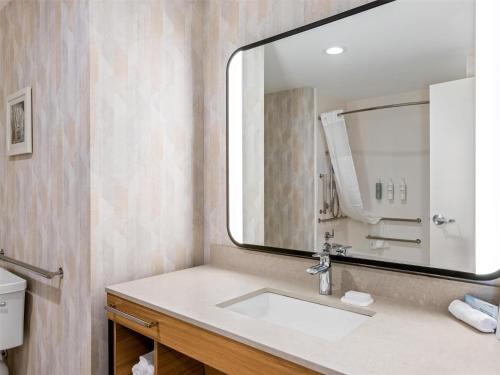 a bathroom with a sink and a mirror at Hampton Inn St Ignace Lakefront Mackinac in Evergreen Shores