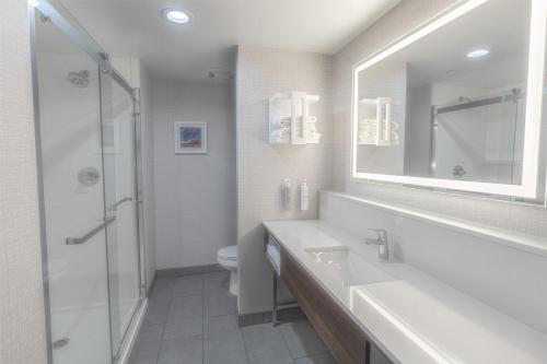 a bathroom with a sink and a toilet and a mirror at Hampton Inn By Hilton Santa Clarita-Valencia in Santa Clarita